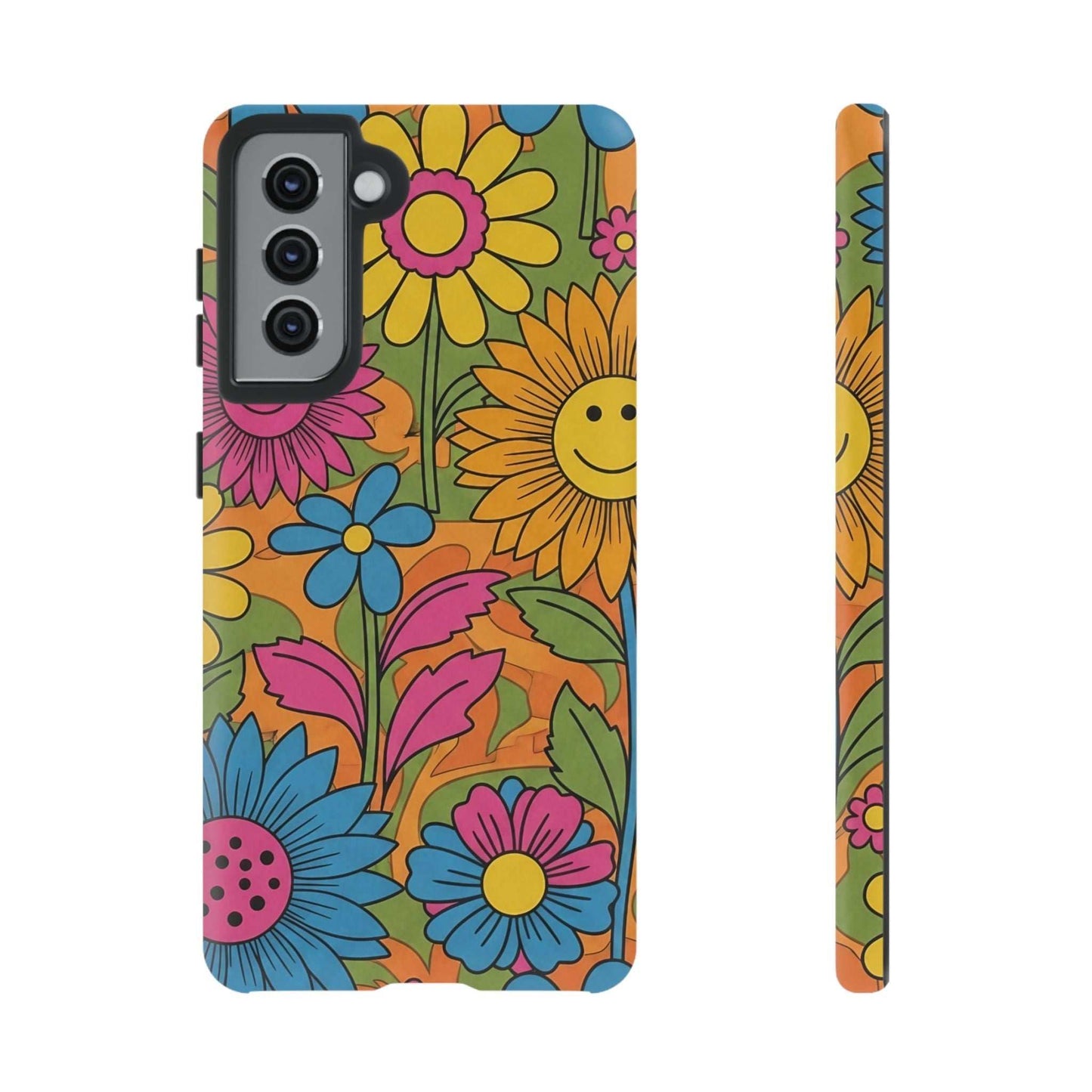 Samsung Phone Case with colorful retro flower power design and impact-resistant protection