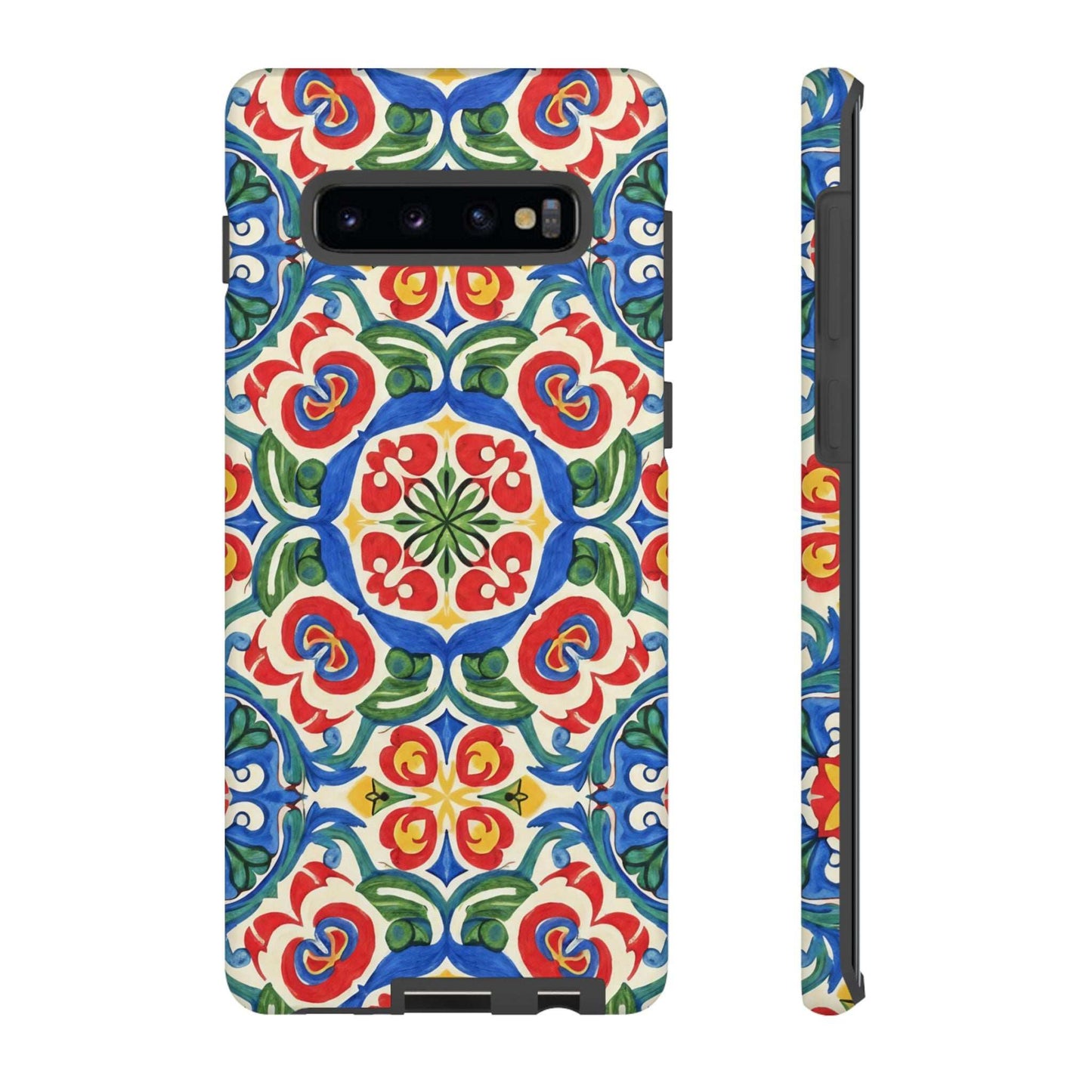 Mediterranean Samsung Case with hand-painted tile design in vibrant blues, terracotta, and greens, featuring dual-layer protection and seamless 3D wrap.