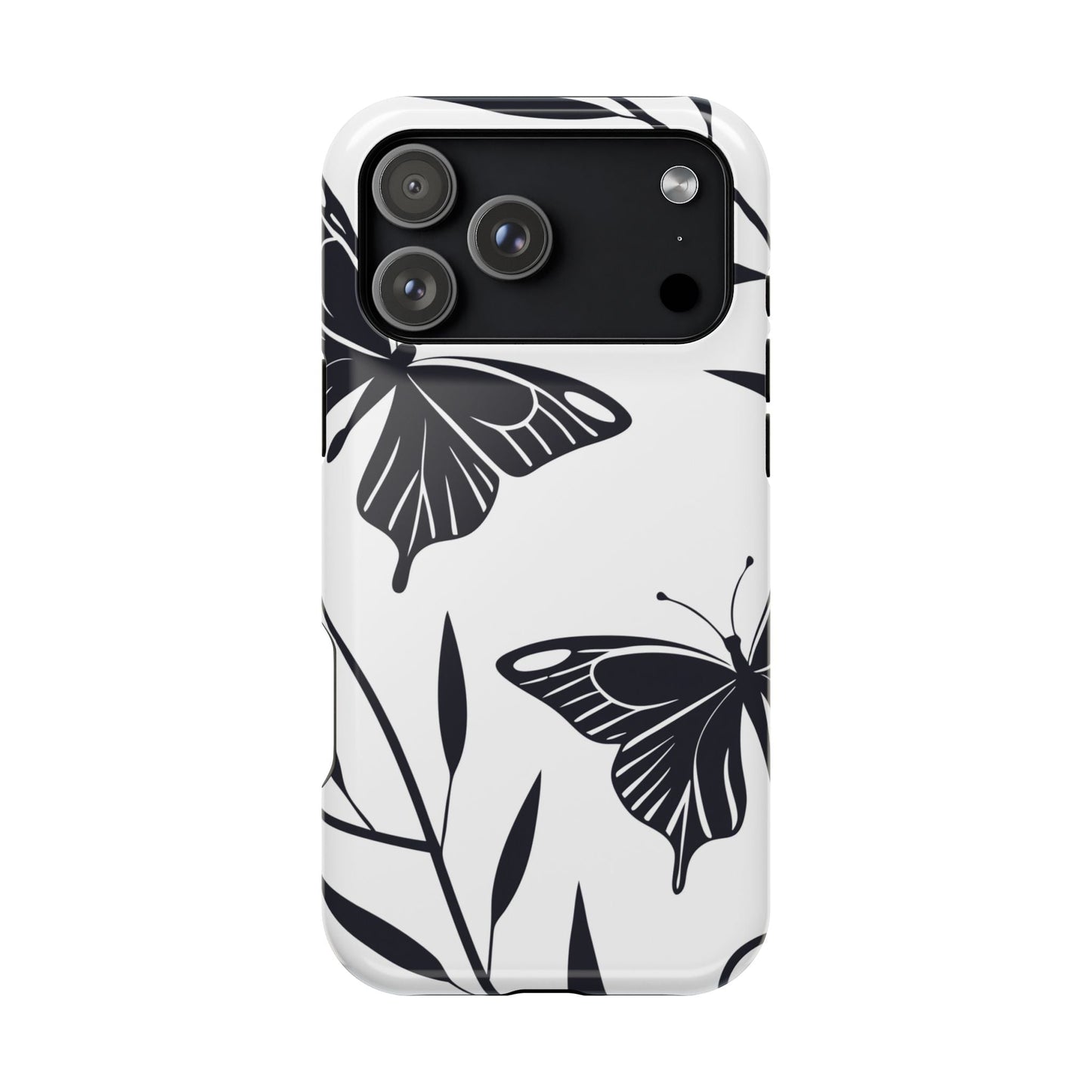 Black and white minimalist butterfly design iPhone case with MagSafe compatibility and durable protection