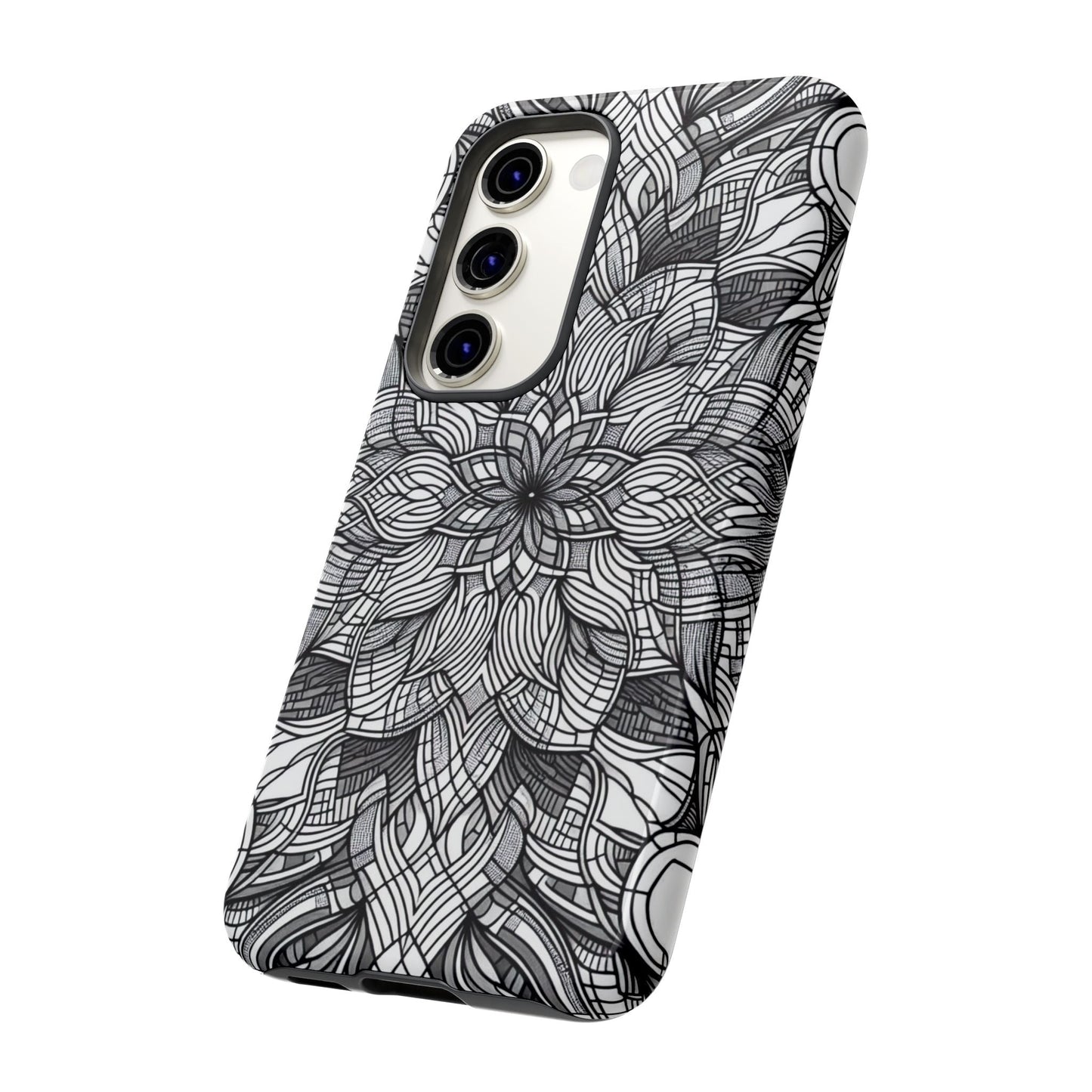 Black and White Art Explosion Samsung phone case with intricate floral design and full protective coverage