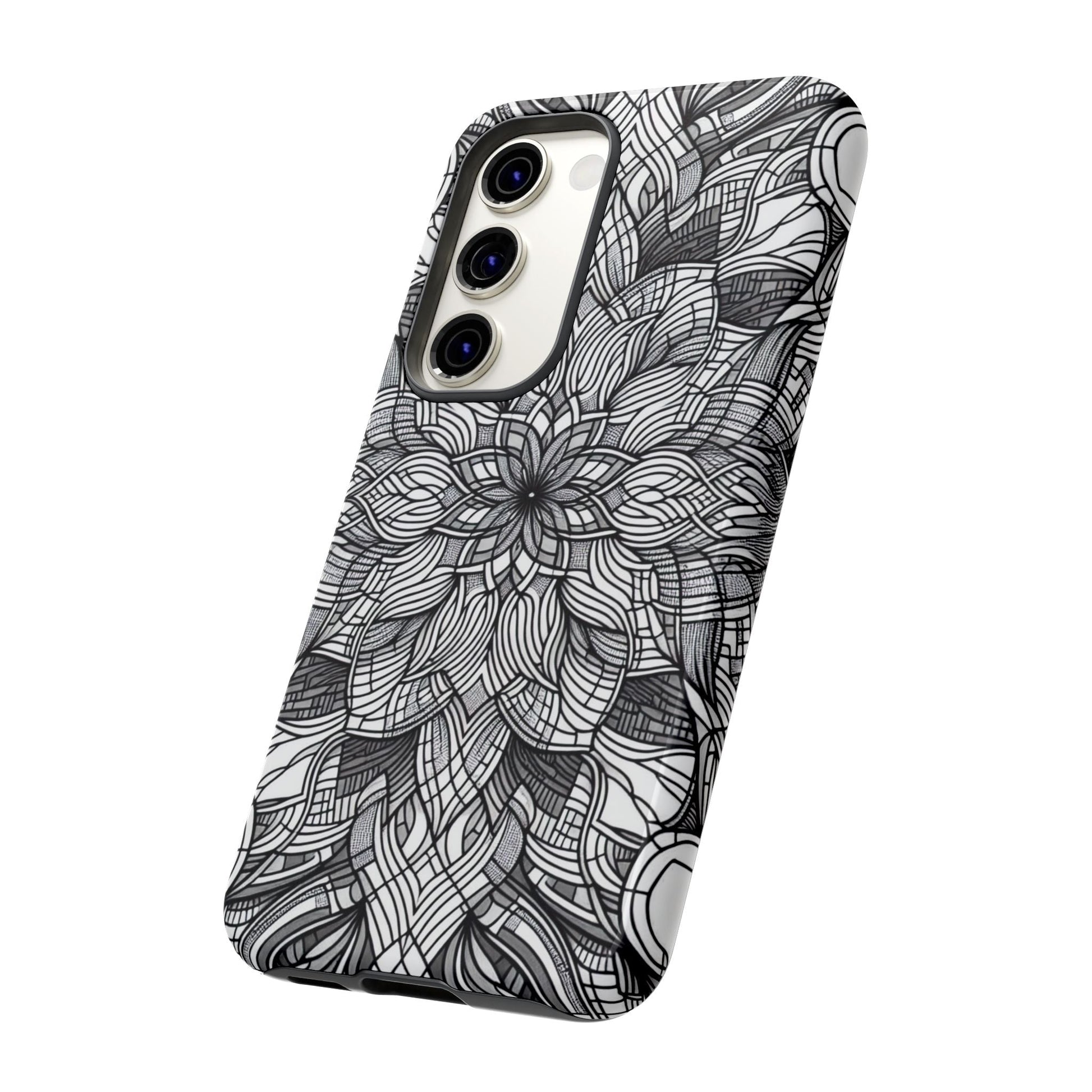 Black and White Art Explosion Samsung phone case with intricate floral design and full protective coverage