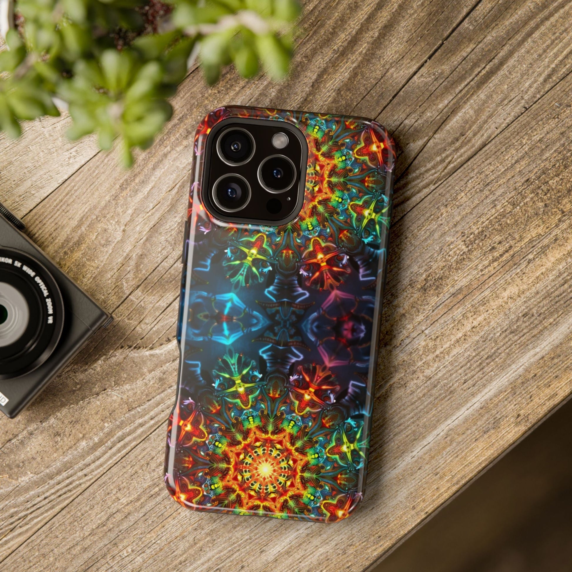 iPhone case with colorful abstract kaleidoscope design and durable protective layers