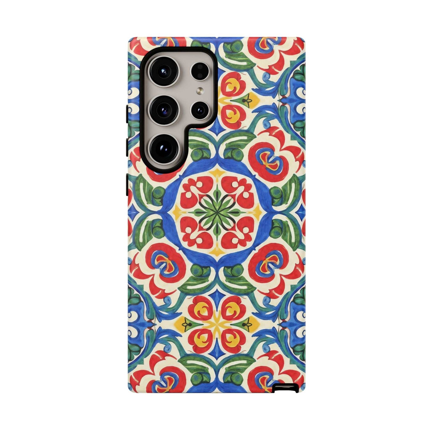 Mediterranean Samsung case with hand-painted folk tile design in vibrant blues, reds, and greens, durable dual-layer protective phone cover.