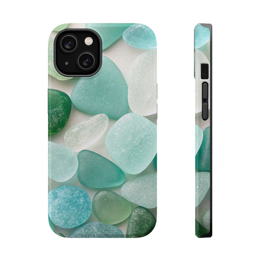 iPhone case with sea glass inspired design featuring blue and green frosted stones, durable protective dual-layer shell with MagSafe magnet, available in matte or glossy finish.