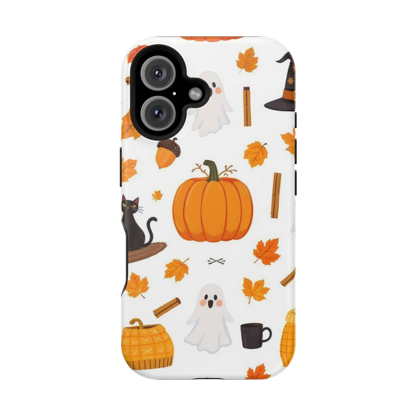 Halloween Pumpkins iPhone case with festive pumpkin, ghost, and autumn leaf design, durable protective phone cover with MagSafe compatibility