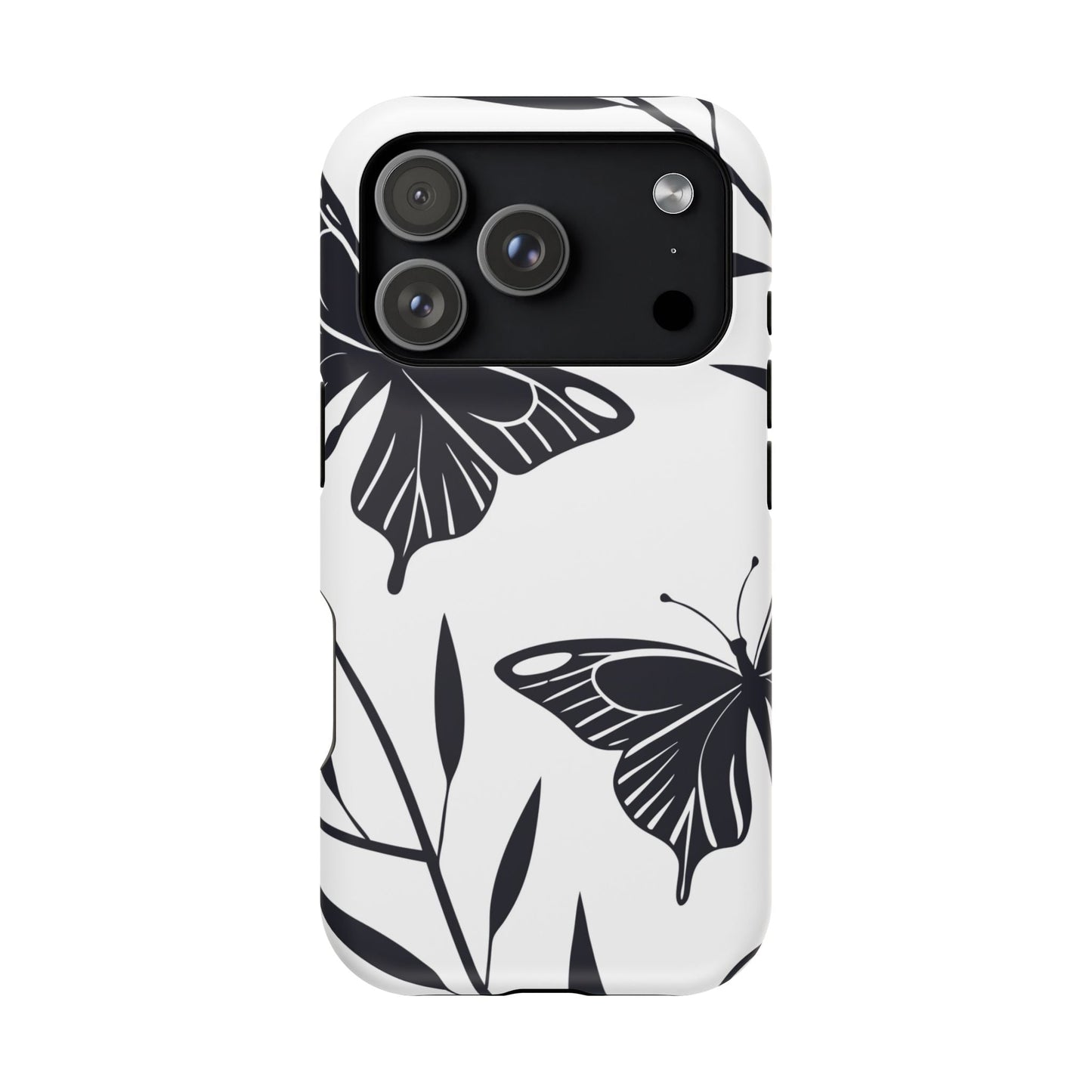 Black and white minimalist butterfly iPhone case with sleek elegant design and MagSafe compatibility