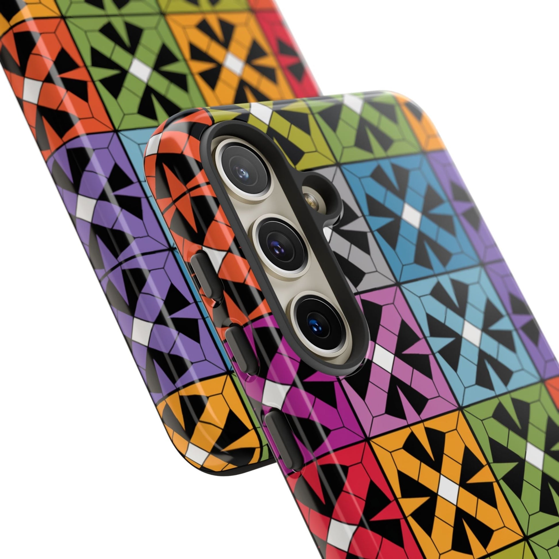 Samsung phone case with rainbow abstract square geometric design and durable shock-resistant protection