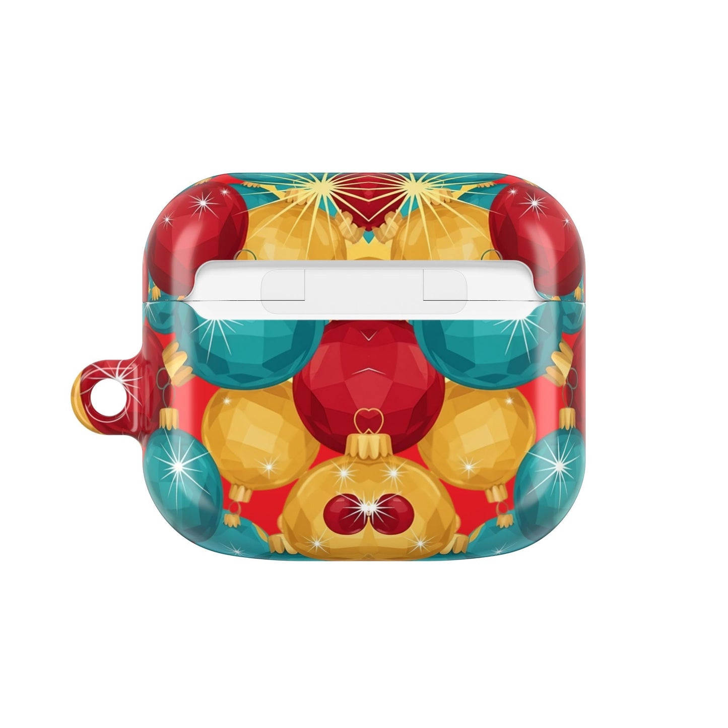 Christmas Tree Sparkle Bulb AirPod case with festive red, gold, and teal ornament design, durable polycarbonate protection for AirPods.