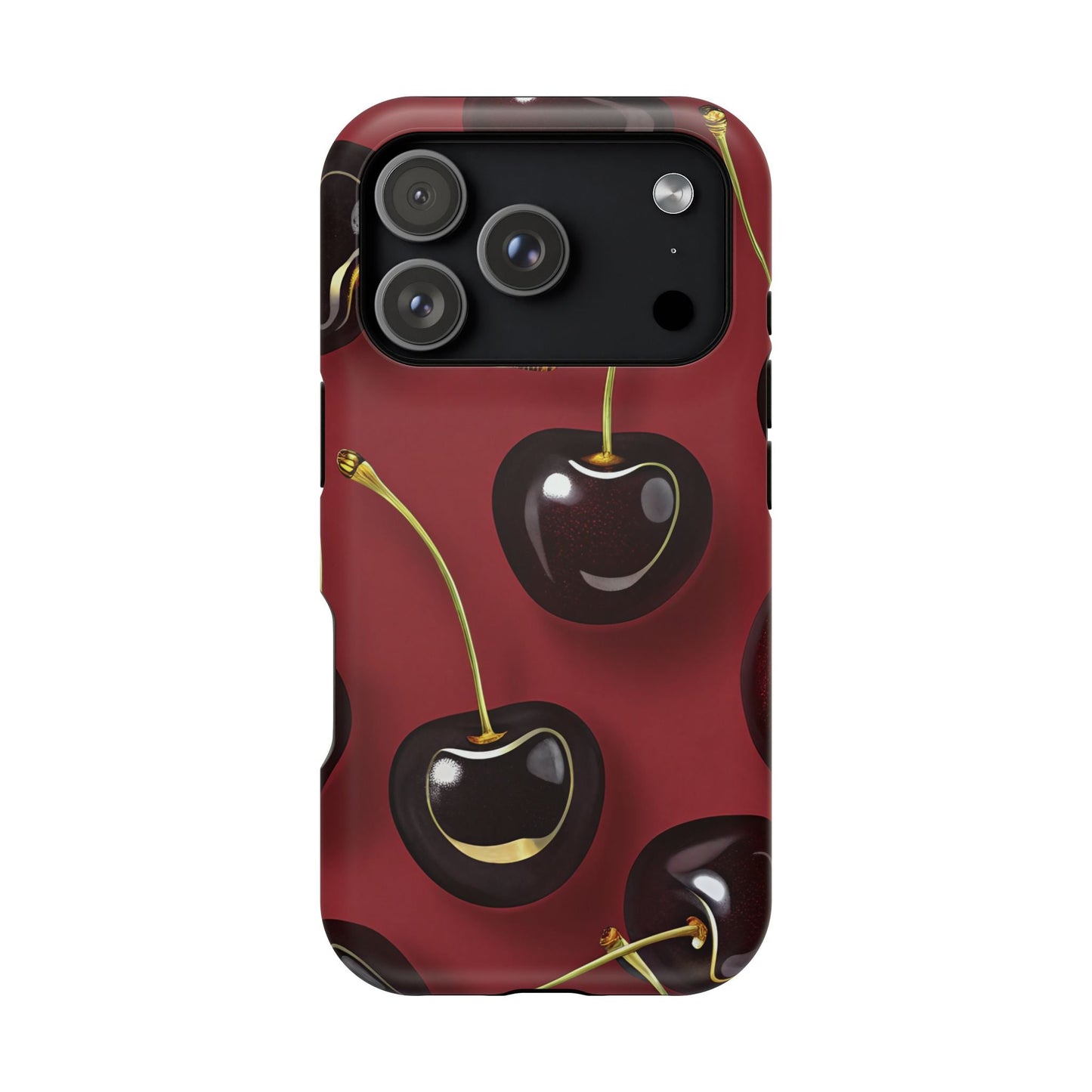 Cherry iPhone tough case with durable dual-layer protection and vibrant cherry design, MagSafe compatible