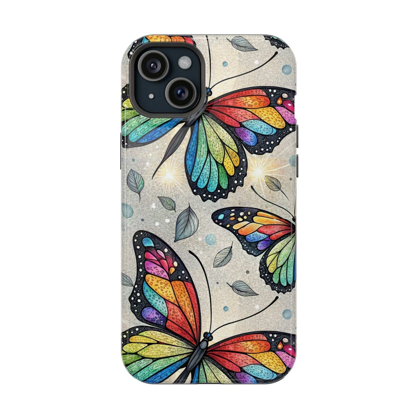 iPhone case with vibrant rainbow butterfly design and dual-layer protection, compatible with MagSafe, matte or glossy finish
