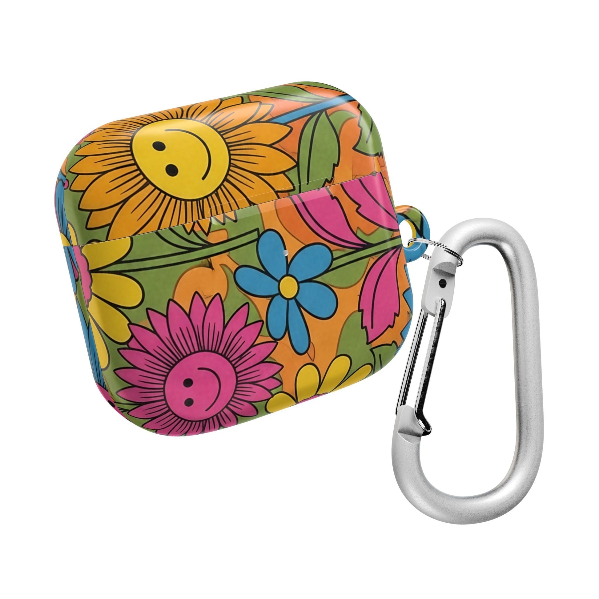 Flower Power AirPod Case with colorful smiling flower design and silver carabiner clip