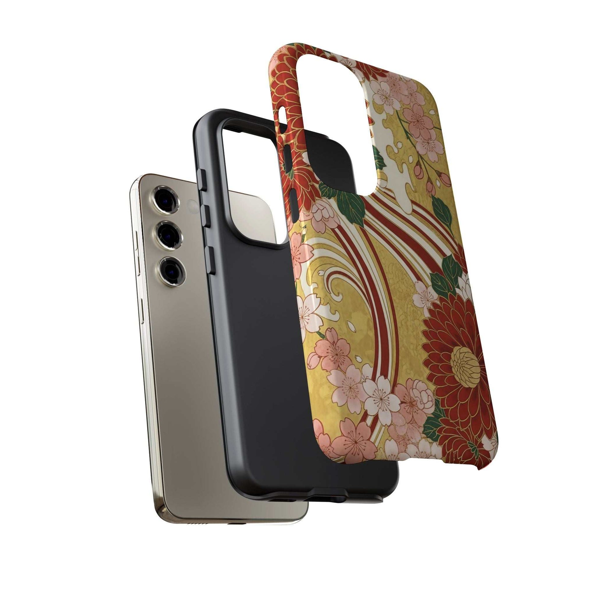 Samsung case with Japanese floral gold chrysanthemum design, durable and impact-resistant phone protection