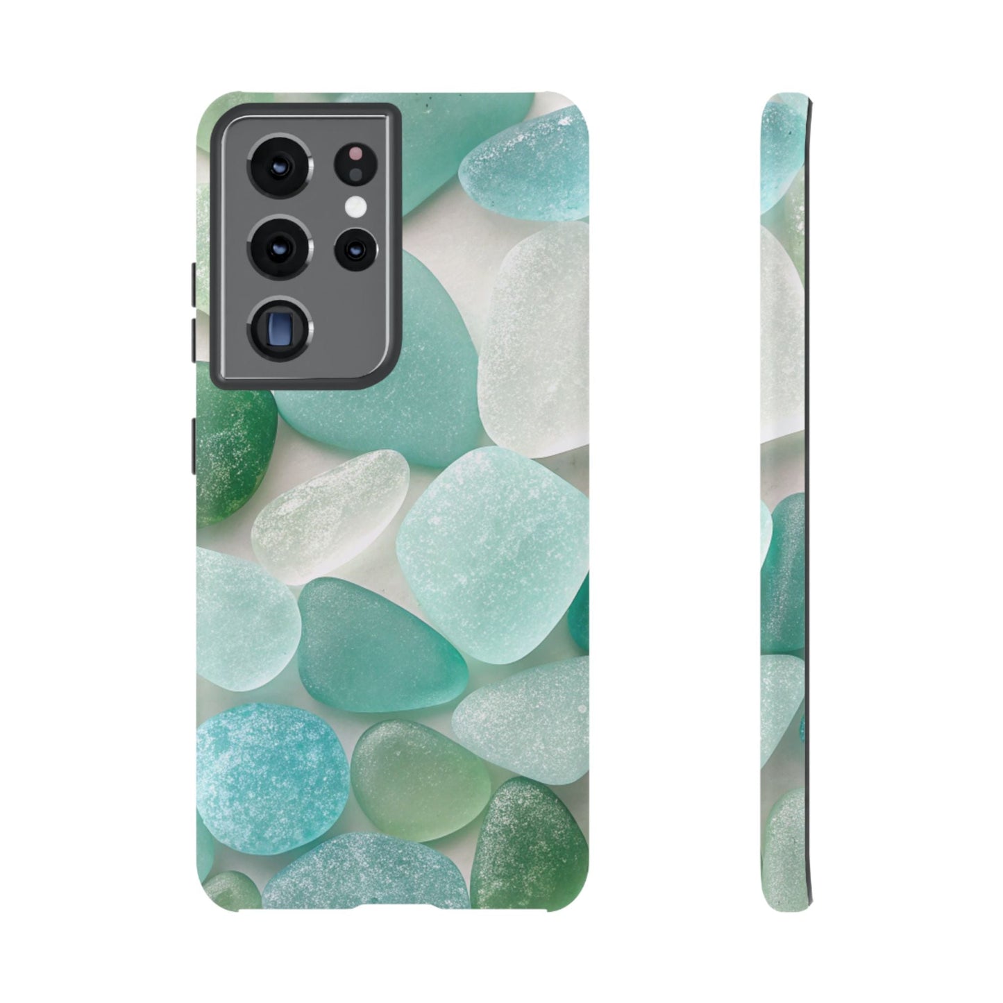 Samsung phone case with sea glass design in shades of blue and green, durable and impact-resistant protection for various Samsung Galaxy models