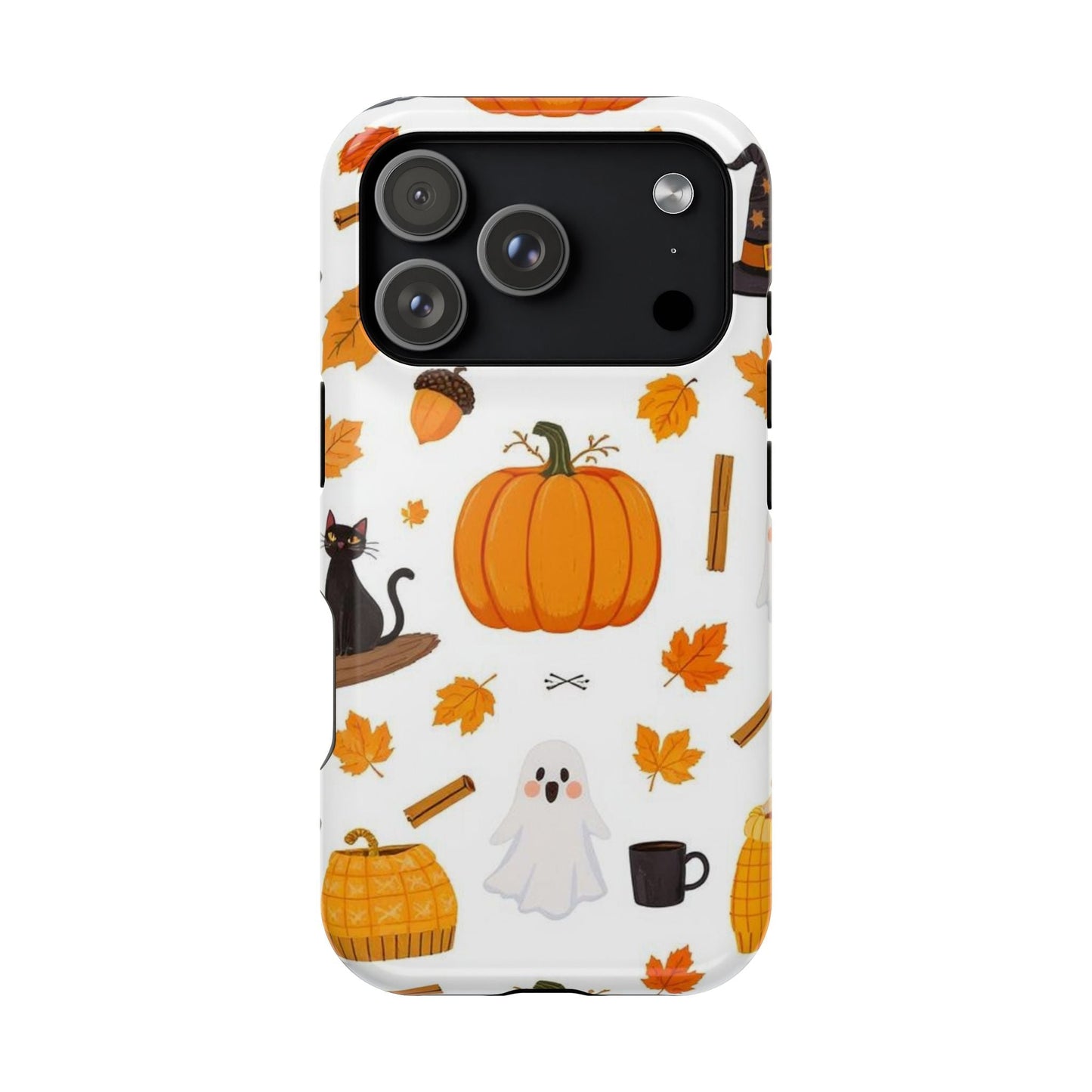 Halloween iPhone case with pumpkins, ghosts, and autumn leaves design for festive phone protection