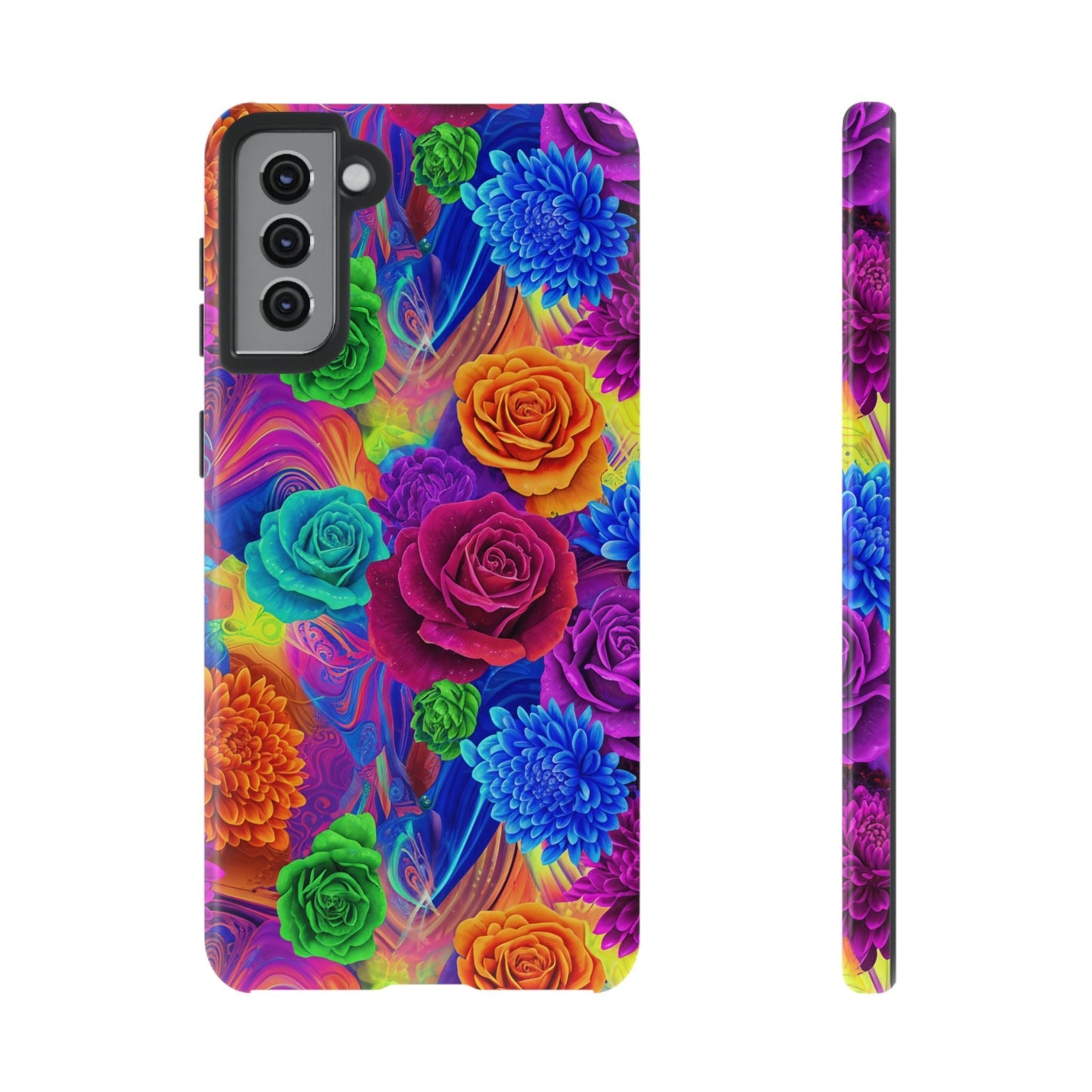Vibrant Floral Samsung Phone Case with colorful roses and chrysanthemums, durable protective cover with 3D wrap and shock absorption.