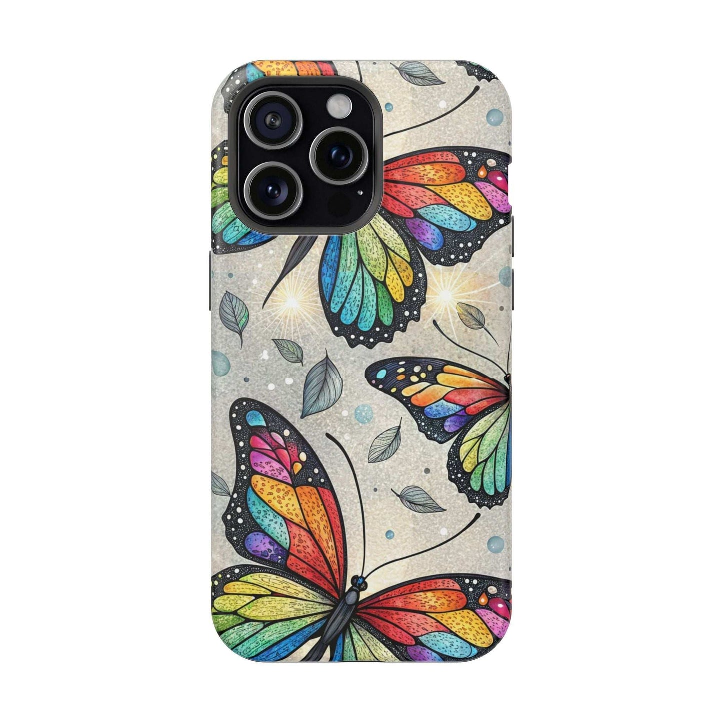 iPhone case with vibrant rainbow butterfly design and dual-layer protection