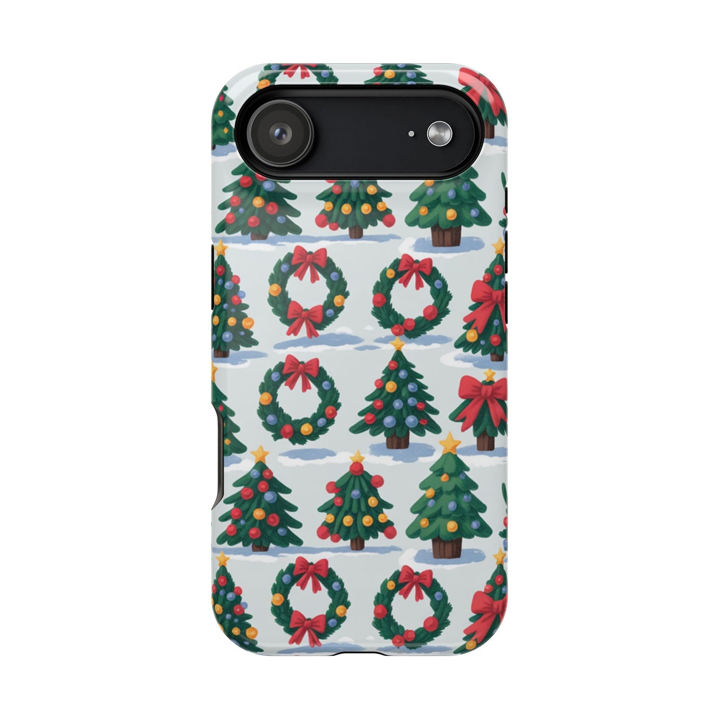 iPhone case with festive holiday tree and wreath pattern for Christmas protection