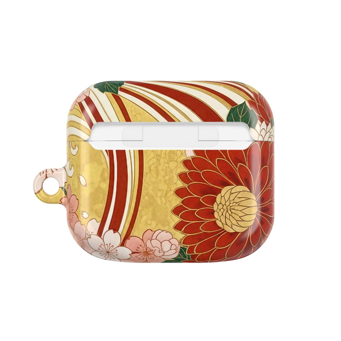Japanese Floral Gold Chrysanthemum design AirPod Case with gloss finish and carabiner, durable polycarbonate material, Qi compatible charging ports.