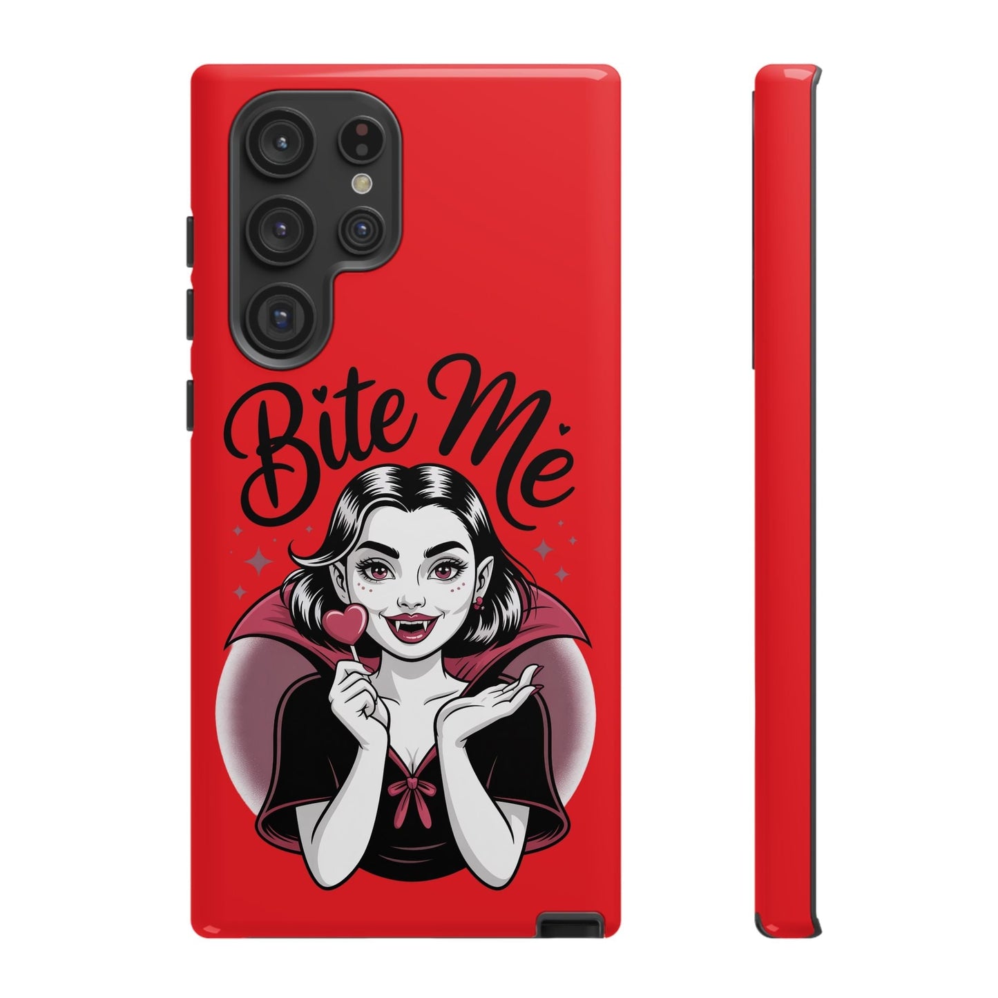 Bite Me Vampire Samsung phone case with red background and cartoon vampire girl holding a heart-shaped lollipop.