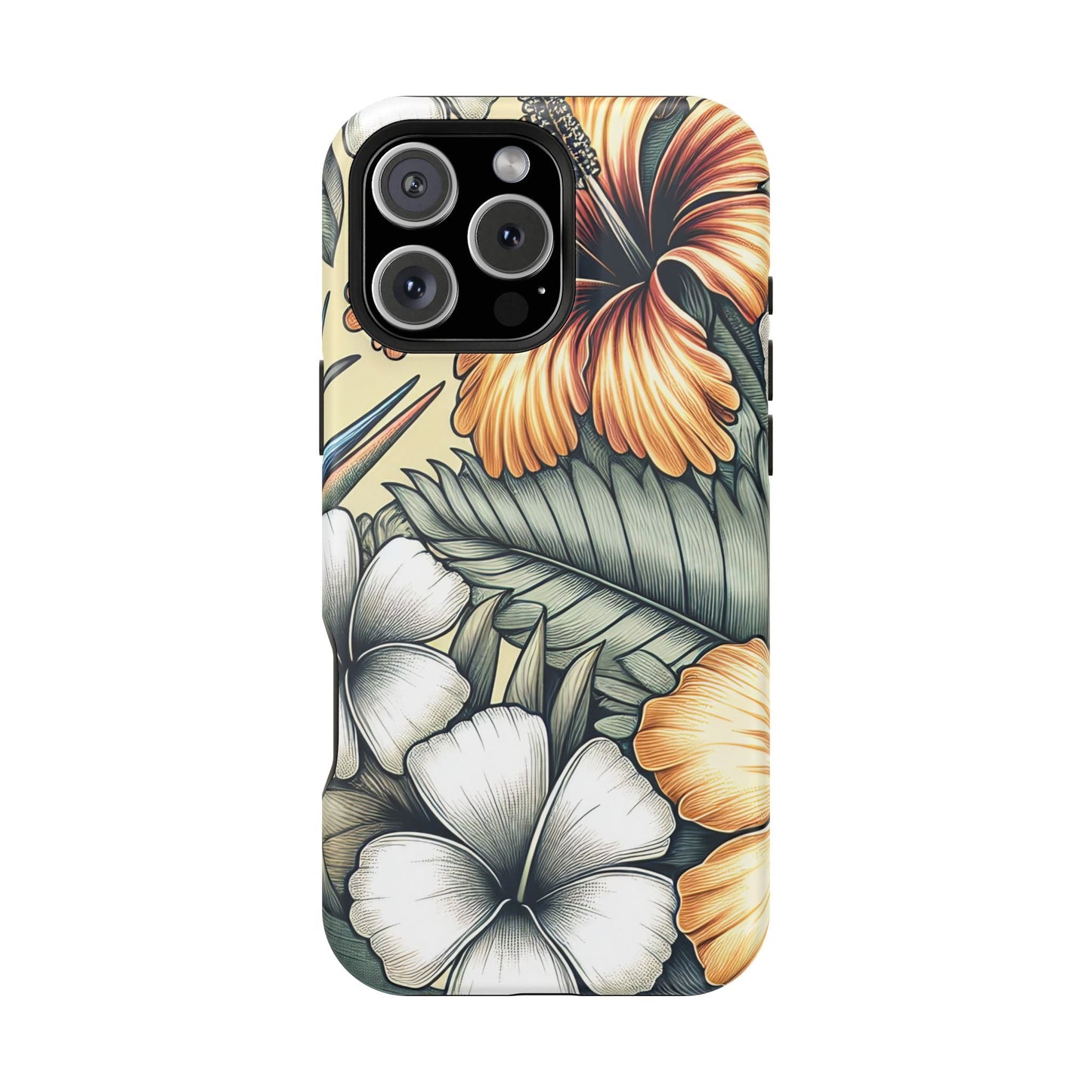Golden Tropical Floral iPhone tough case with durable dual-layer protection and vibrant tropical flower design