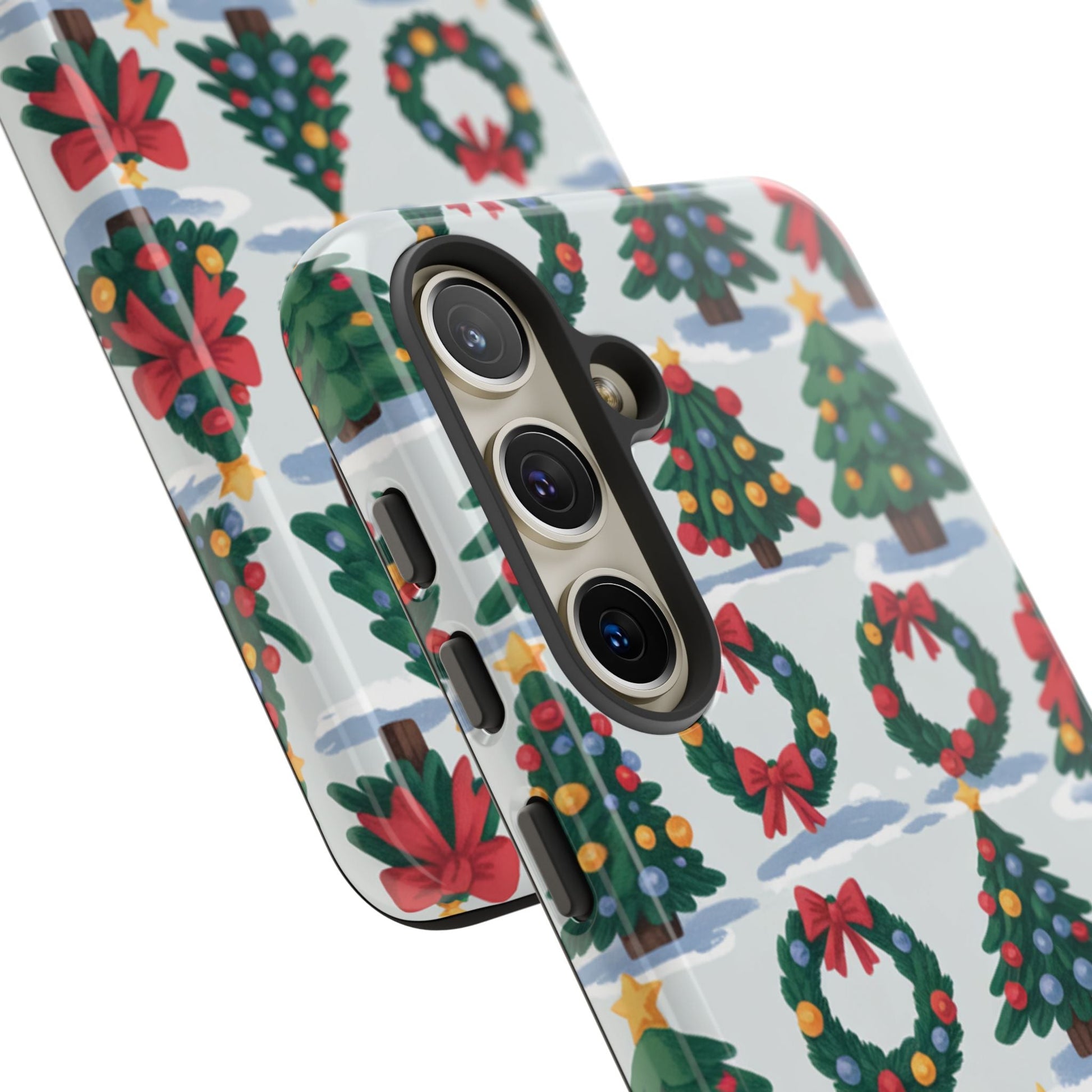 Samsung phone case with festive holiday wreath and tree pattern for Christmas celebration.