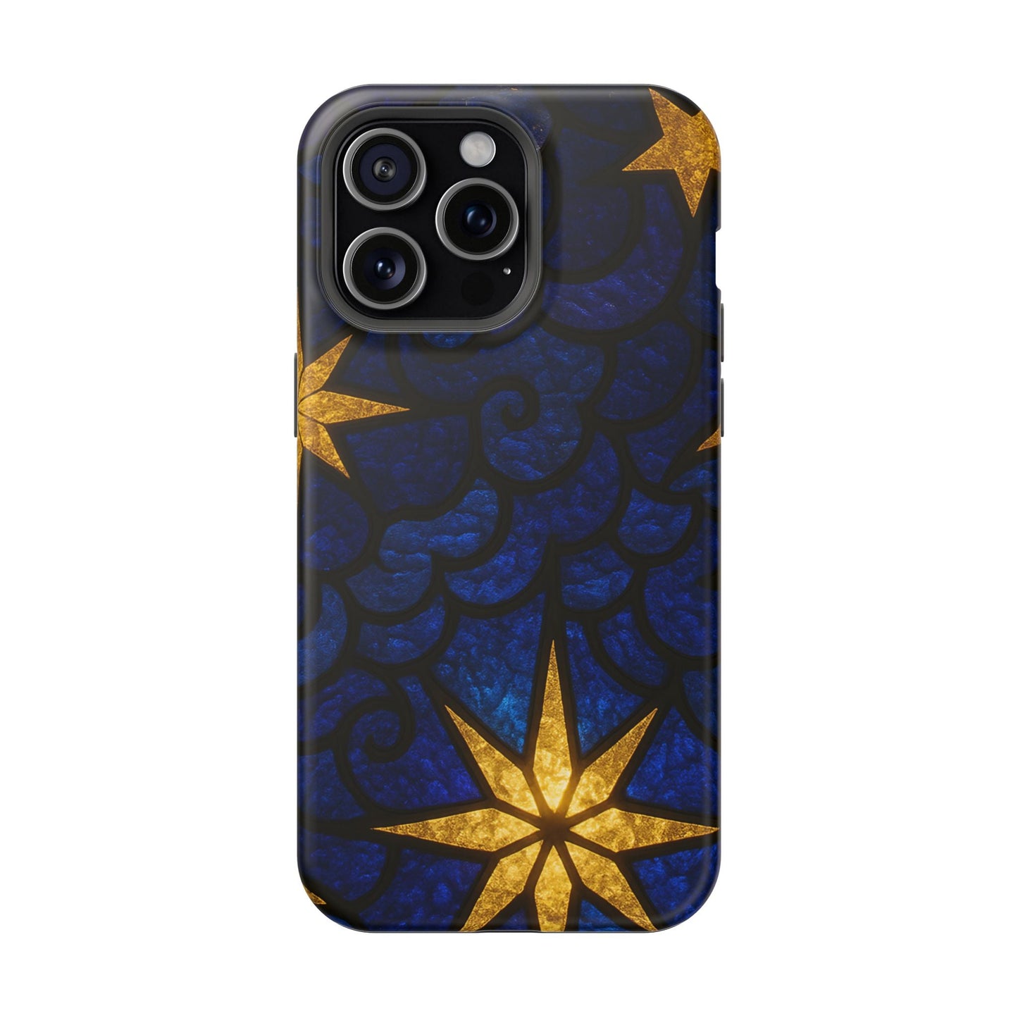 iPhone tough case with golden star design and blue textured background, durable protective shell with MagSafe compatibility