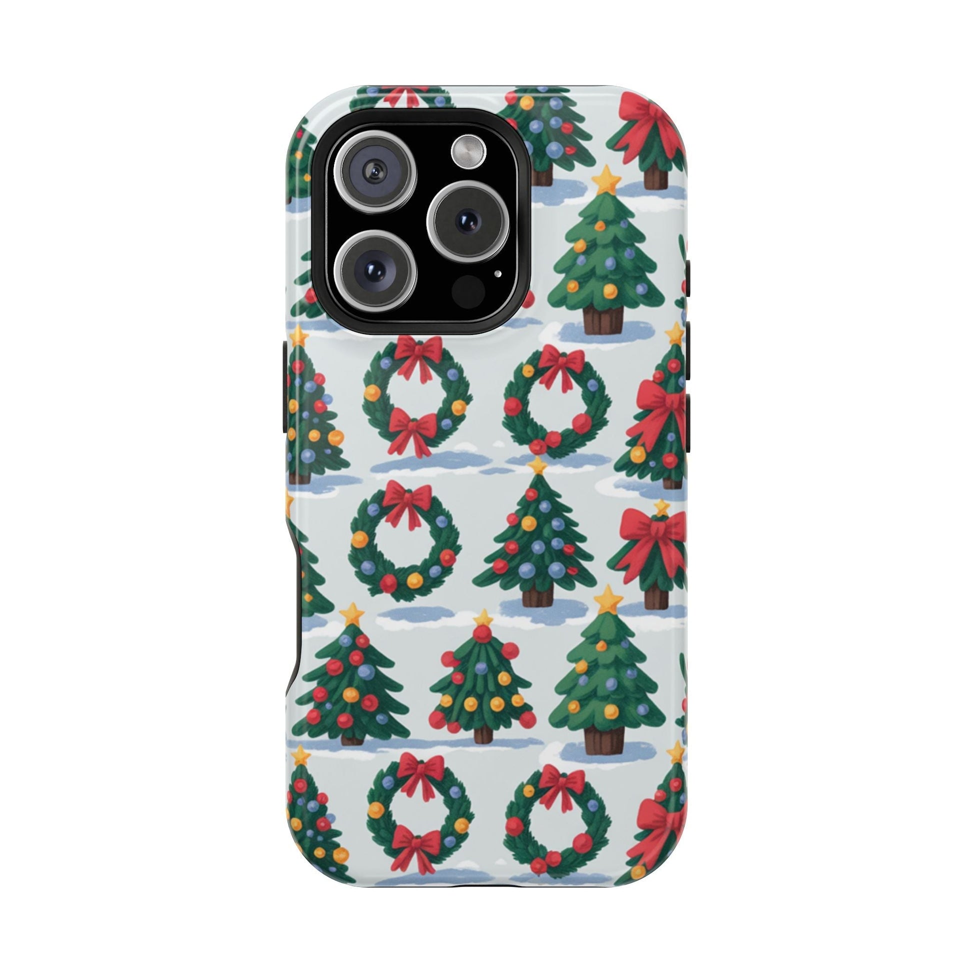 iPhone case with festive holiday tree and wreath pattern in colorful Christmas design