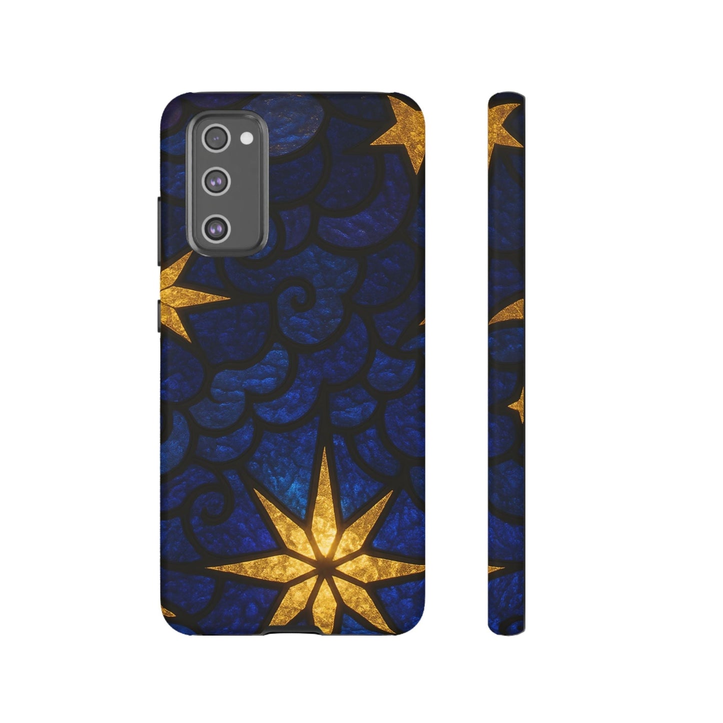 Samsung phone case with golden star design on blue background, durable and impact-resistant protection for Galaxy models