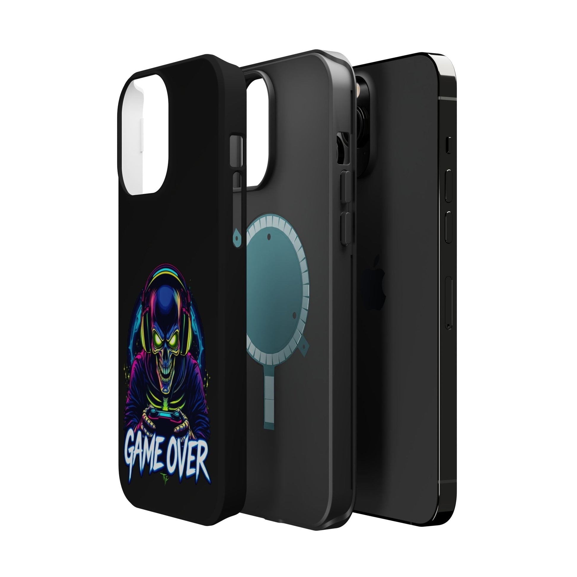 Game Over Gamer iPhone tough case with vibrant skull gamer artwork, durable dual-layer protection, and MagSafe compatibility.