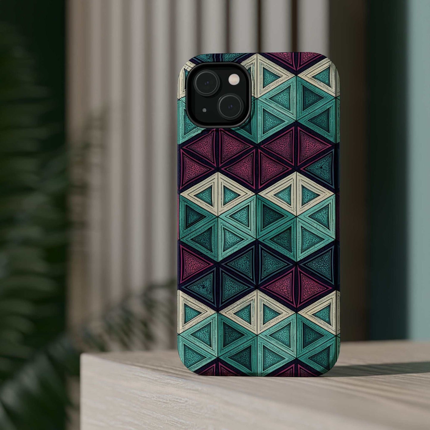 Purple and teal abstract geometric pattern iPhone tough case with MagSafe compatibility