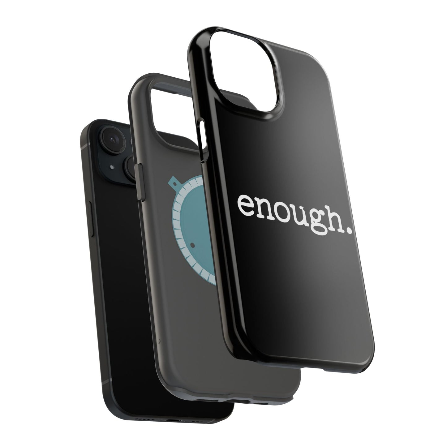 Black Protest statement iPhone case with white "enough." text, durable dual-layer protective design, MagSafe compatible.