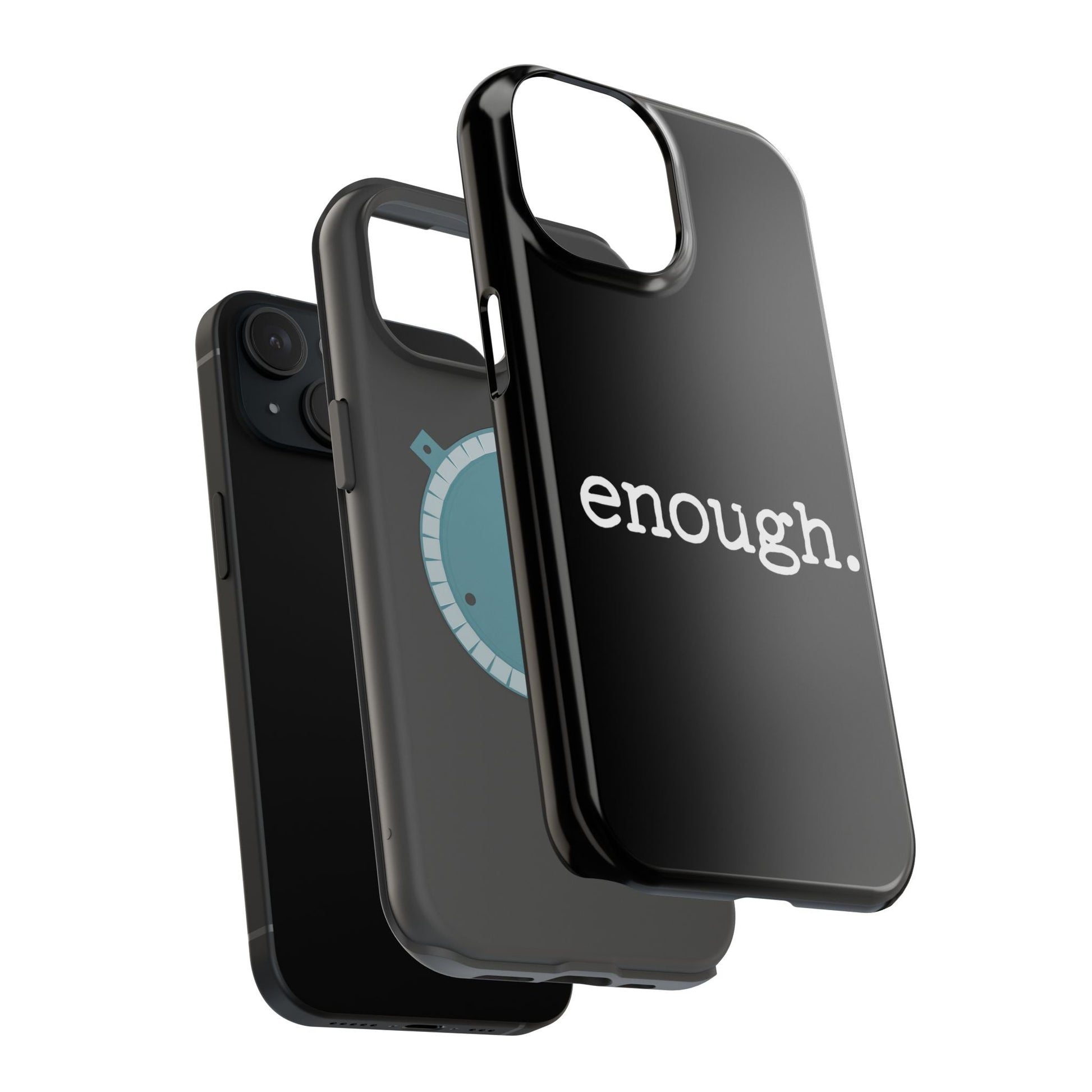 Black Protest statement iPhone case with white "enough." text, durable dual-layer protective design, MagSafe compatible.