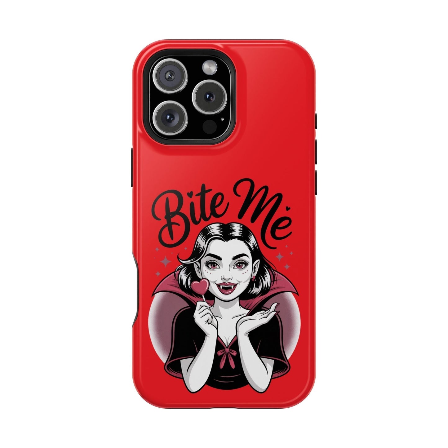 Halloween Vampire iPhone tough case with "Bite Me" vampire graphic on red background, durable protective design, MagSafe compatible