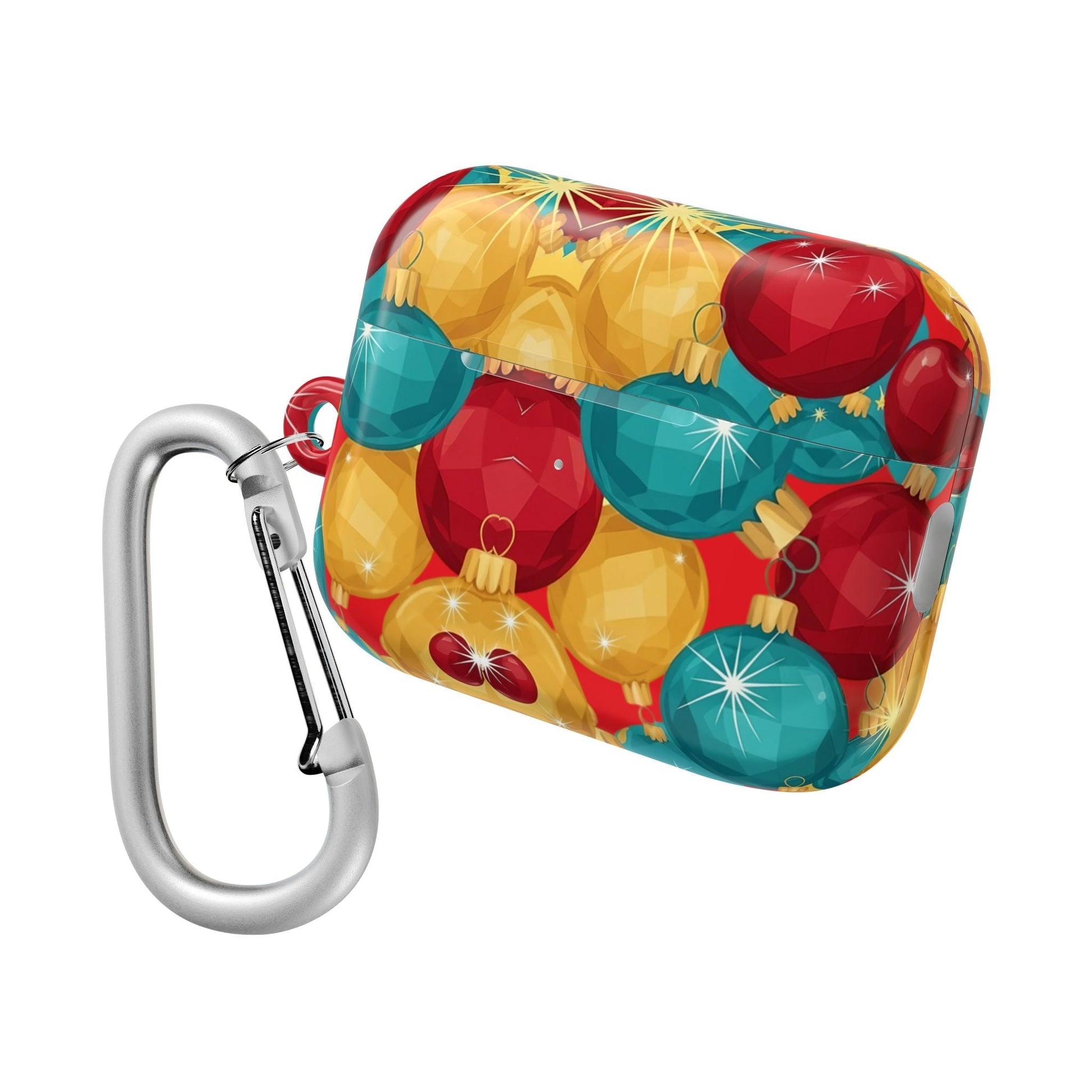 Christmas Tree Sparkle Bulb AirPod case with colorful ornament design and attached silver carabiner clip, durable polycarbonate protection for AirPods.