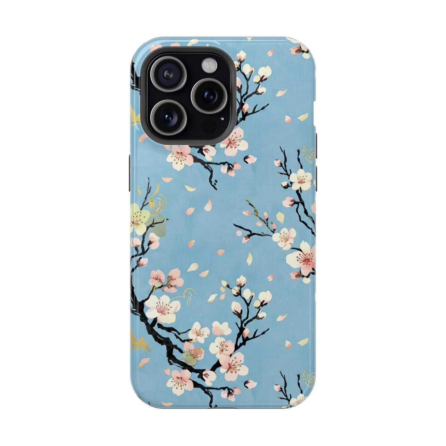 Spring Bloom iPhone Tough Case with blue floral design and MagSafe compatibility