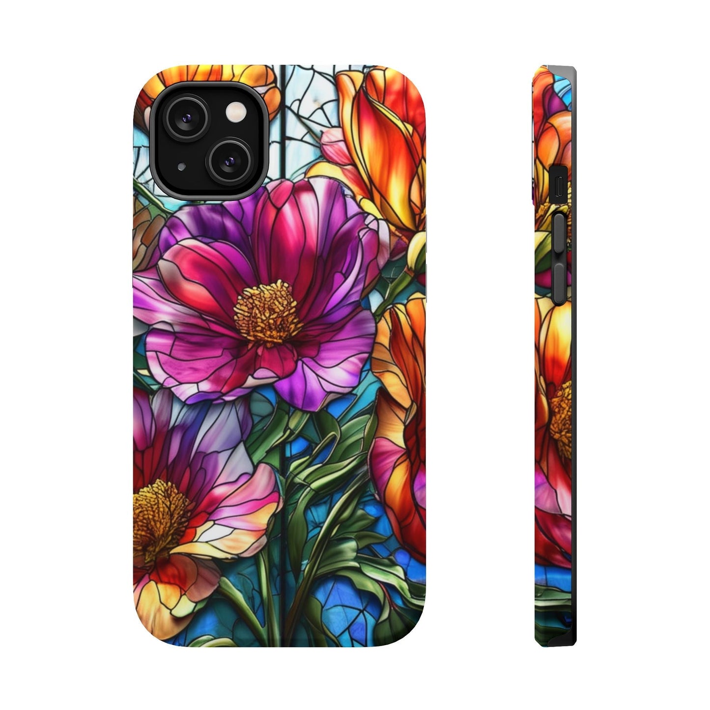 Vibrant Purple Flower iPhone case with detailed floral design, durable polycarbonate and TPU protection, MagSafe compatible phone cover