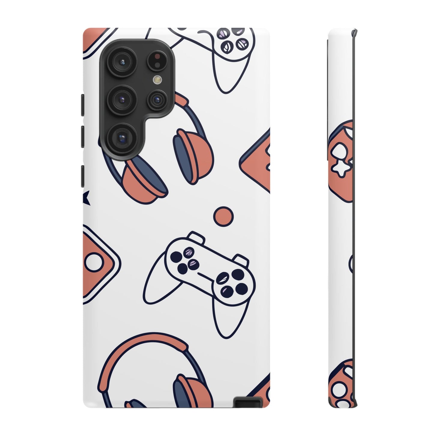Samsung phone case with gamer design featuring game controllers and headphones illustration, durable and impact-resistant Gamer Tough Phone Case