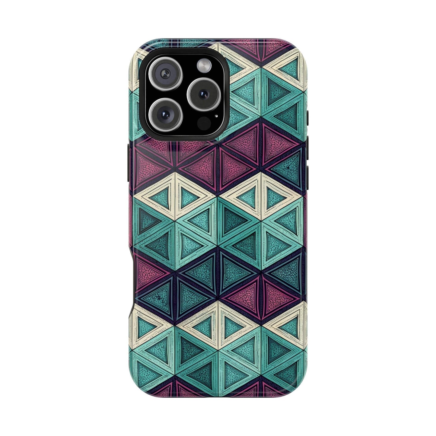Purple and teal abstract geometric magnetic iPhone tough case with glossy finish and dual-layer protection