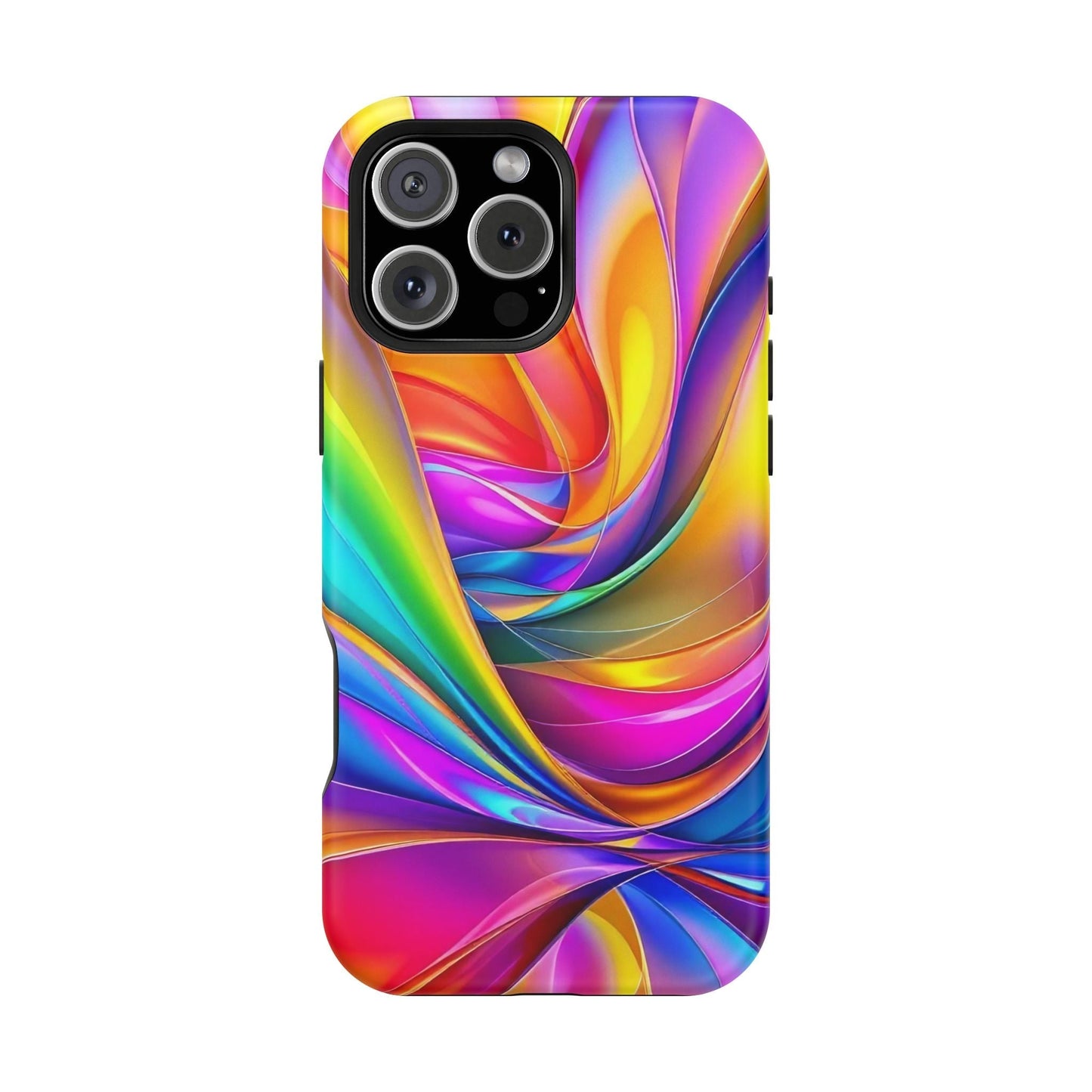 Colorful Deconstructed Rainbow Wave iPhone tough case with vibrant abstract swirl design and MagSafe compatibility