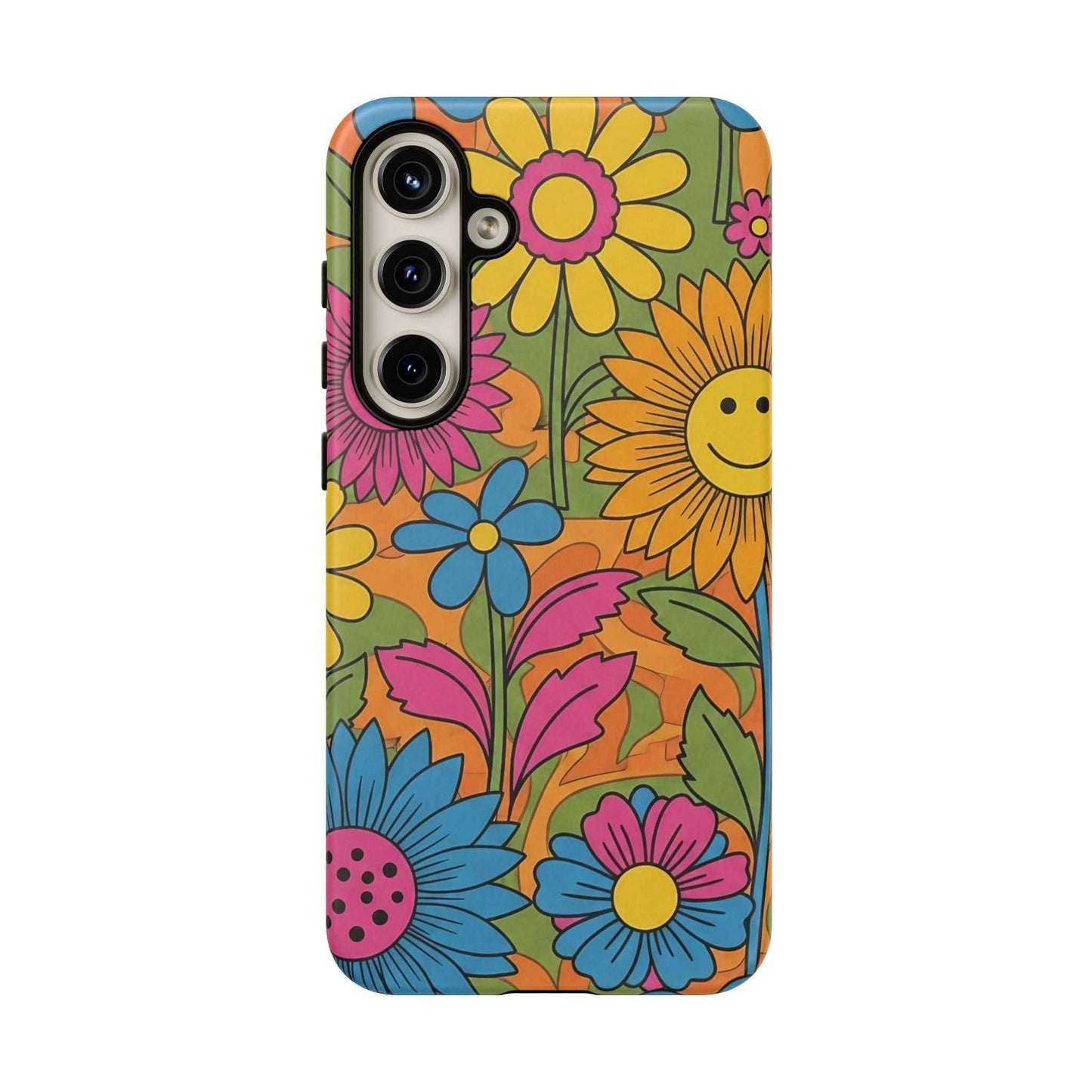 Samsung Phone Case with colorful retro flower power design and durable impact-resistant protection