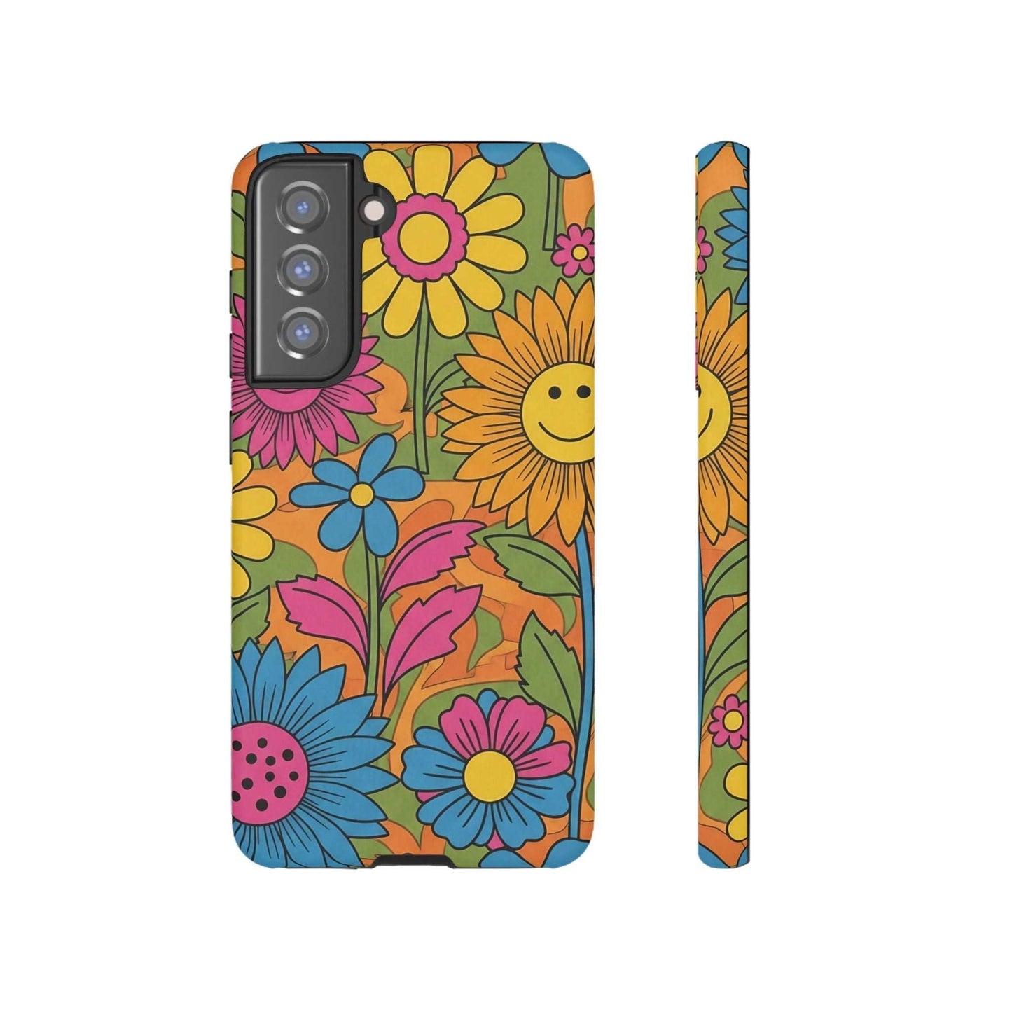 Colorful Flower Power Samsung phone case with retro floral design and durable protective features