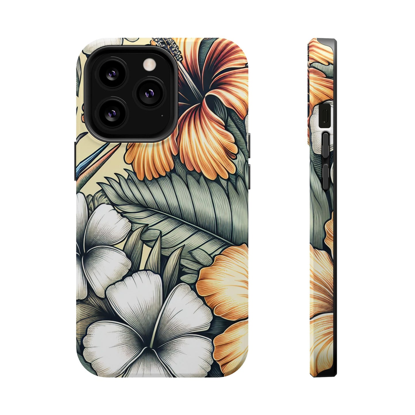 Golden Tropical Floral iPhone case with durable dual-layer protection and MagSafe compatibility
