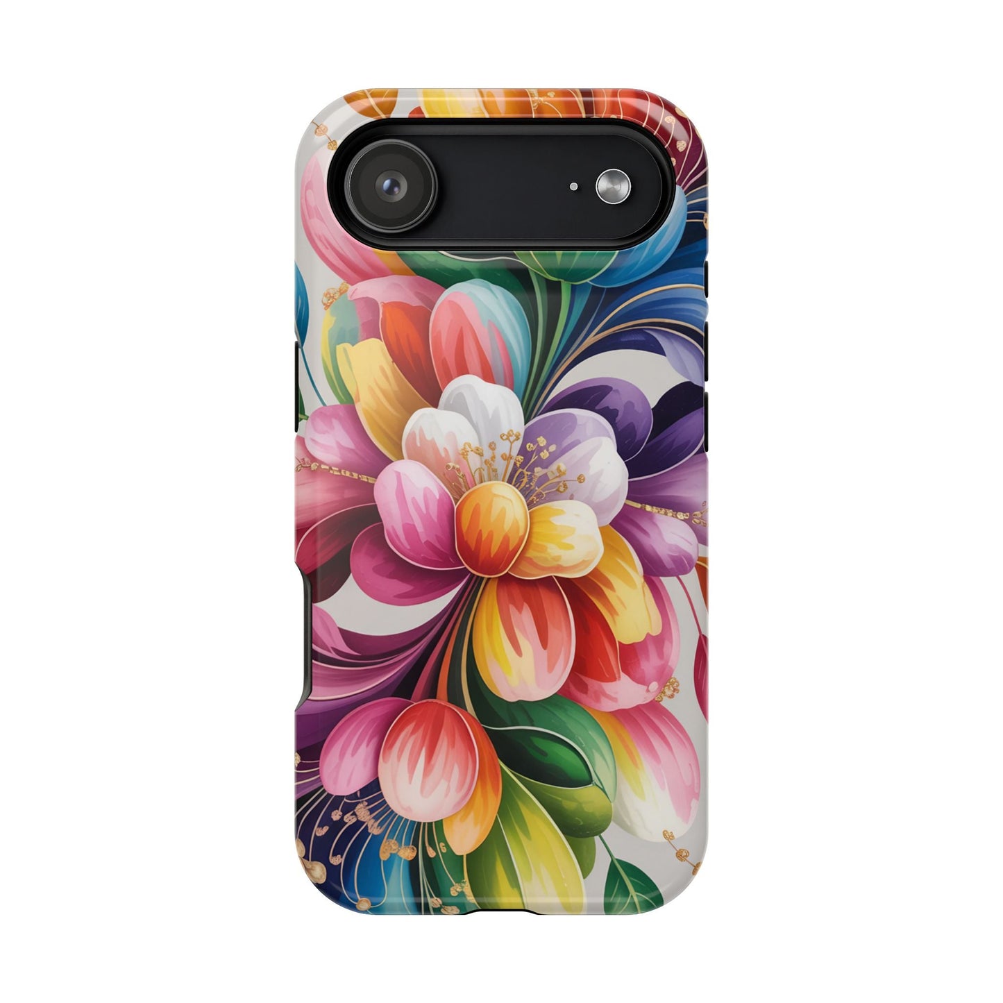 Vibrant Floral iPhone Case with colorful flower design, dual-layer protection, and MagSafe compatibility