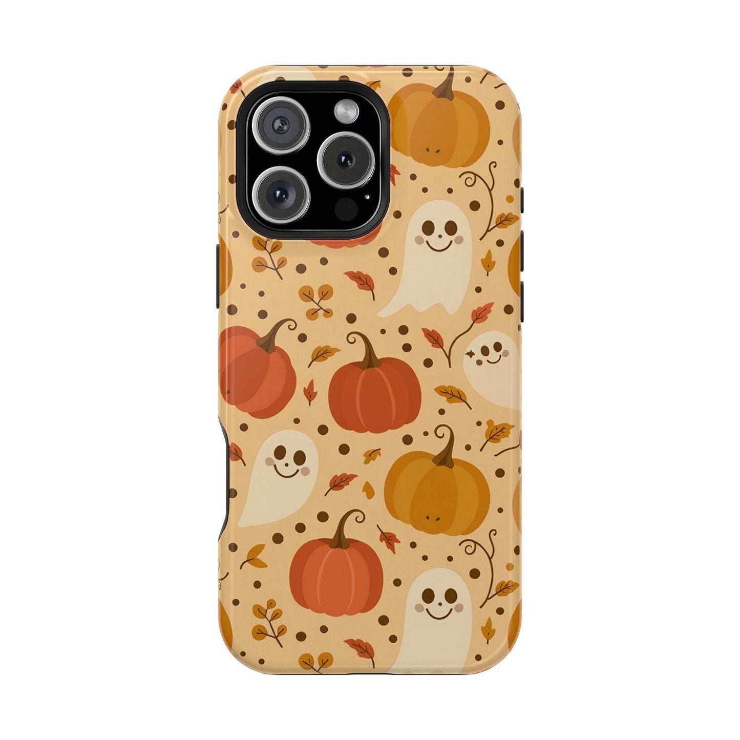 Spooky Pumpkins Halloween iPhone case with ghosts and pumpkins, durable protective tough case with MagSafe compatibility