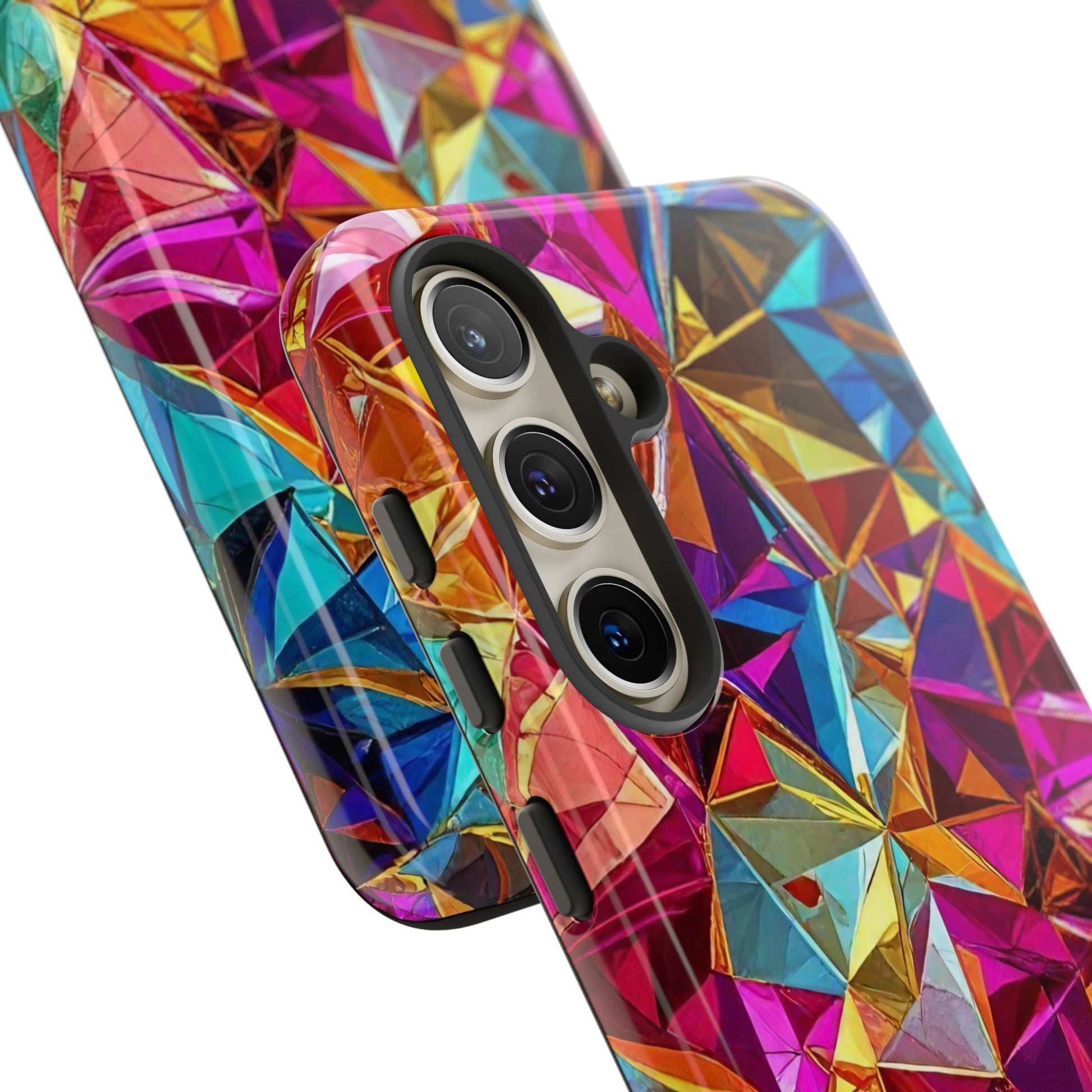 Samsung Tough Case with vibrant rainbow foil geometric design and triple camera cutout