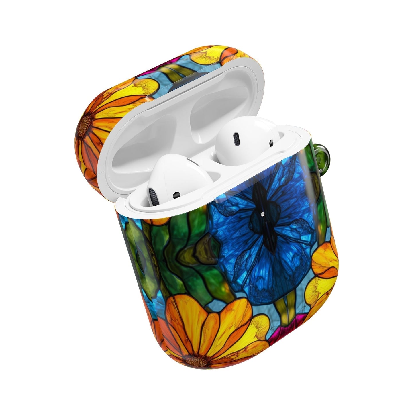 Colorful floral AirPods case with impact-resistant design and carabiner for easy carrying