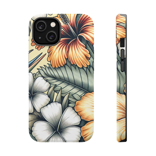 iPhone tough case with golden tropical floral print, durable dual-layer design, MagSafe compatible protective cover