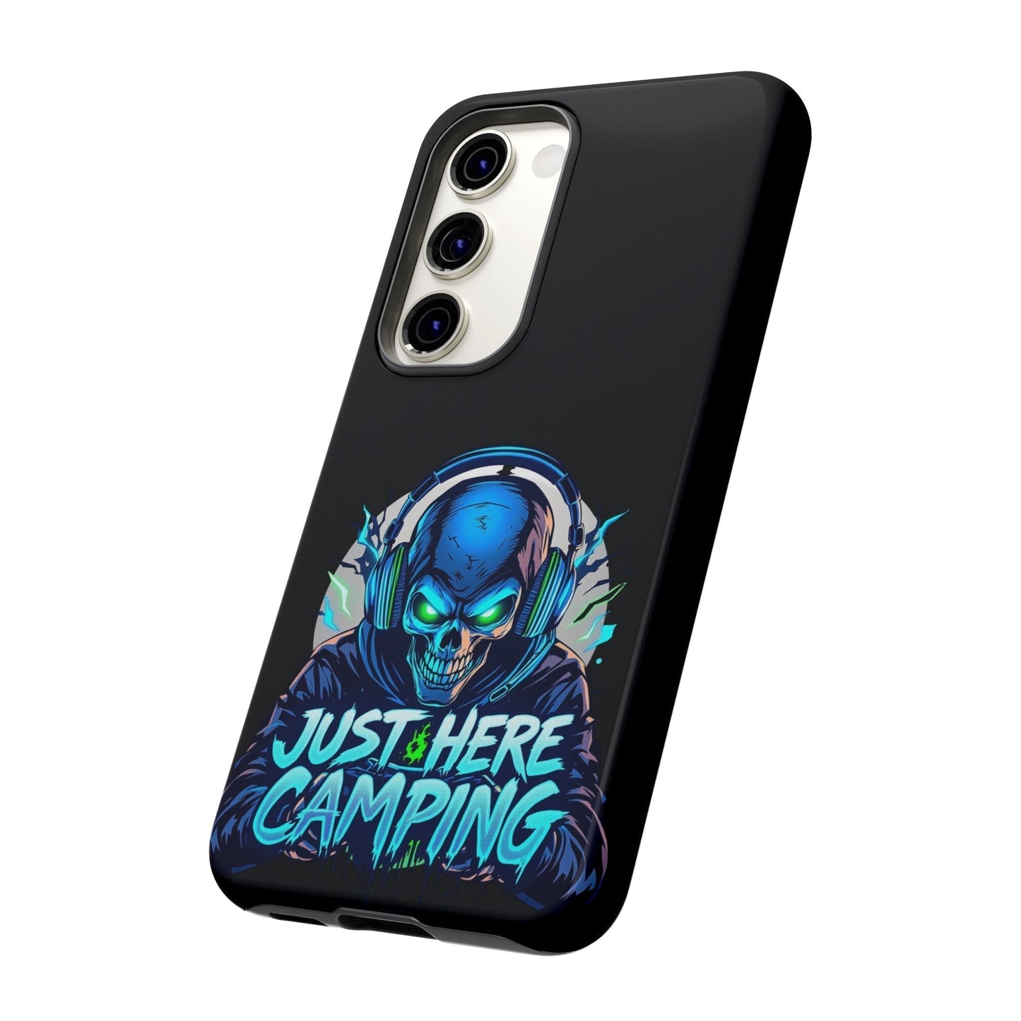 Samsung Tough Case with "Just Here Camping" gaming skull design for gaming enthusiasts case