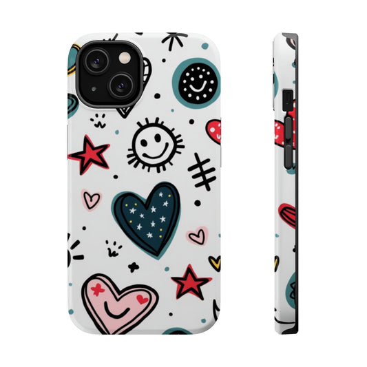 iPhone tough case with cartoon hearts and smiles design in vibrant colors with durable protective layers and MagSafe magnet