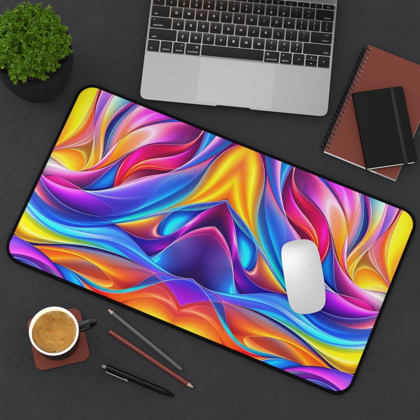 Modern Rainbow Waves colorful desk mat with non-slip bottom and vibrant wave design under laptop and mouse on office desk